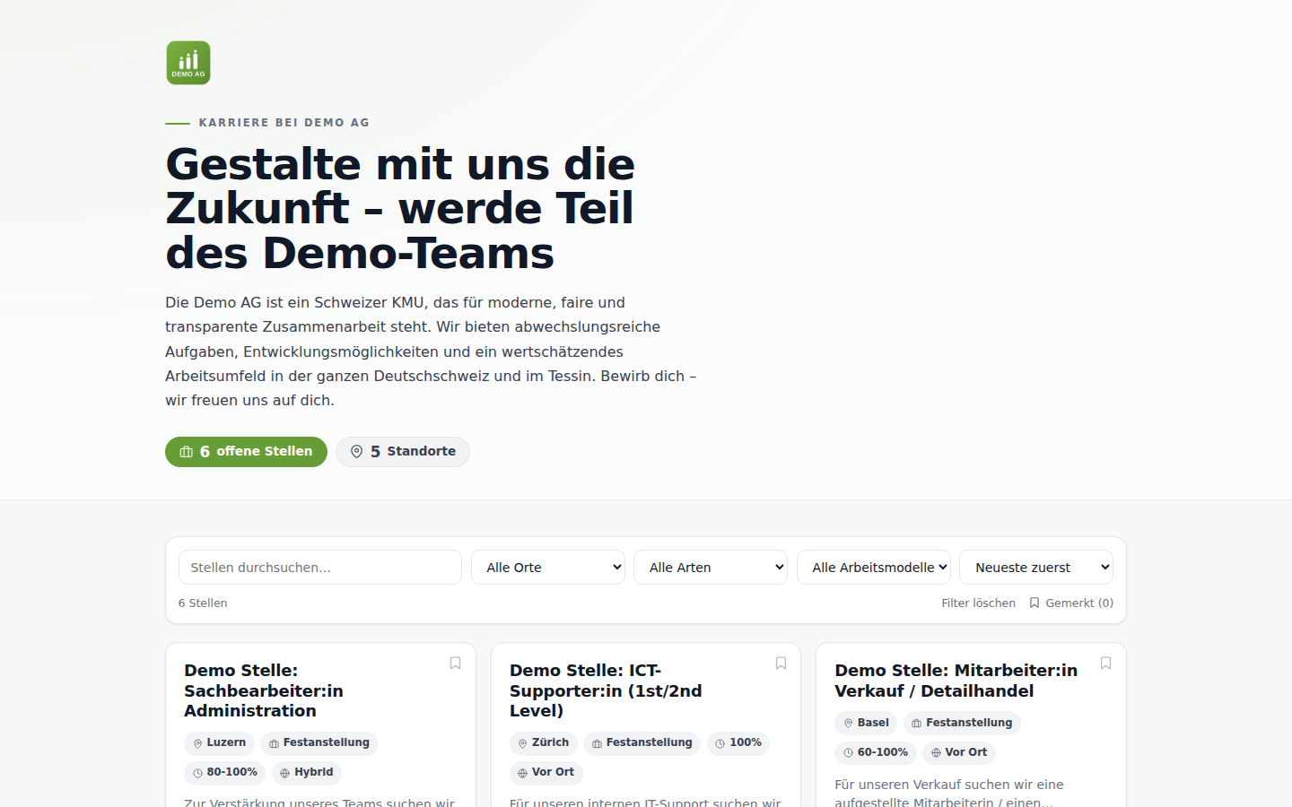 Öffentliche Karriereseite mit offenen Stellen, Filter und eigenem Branding