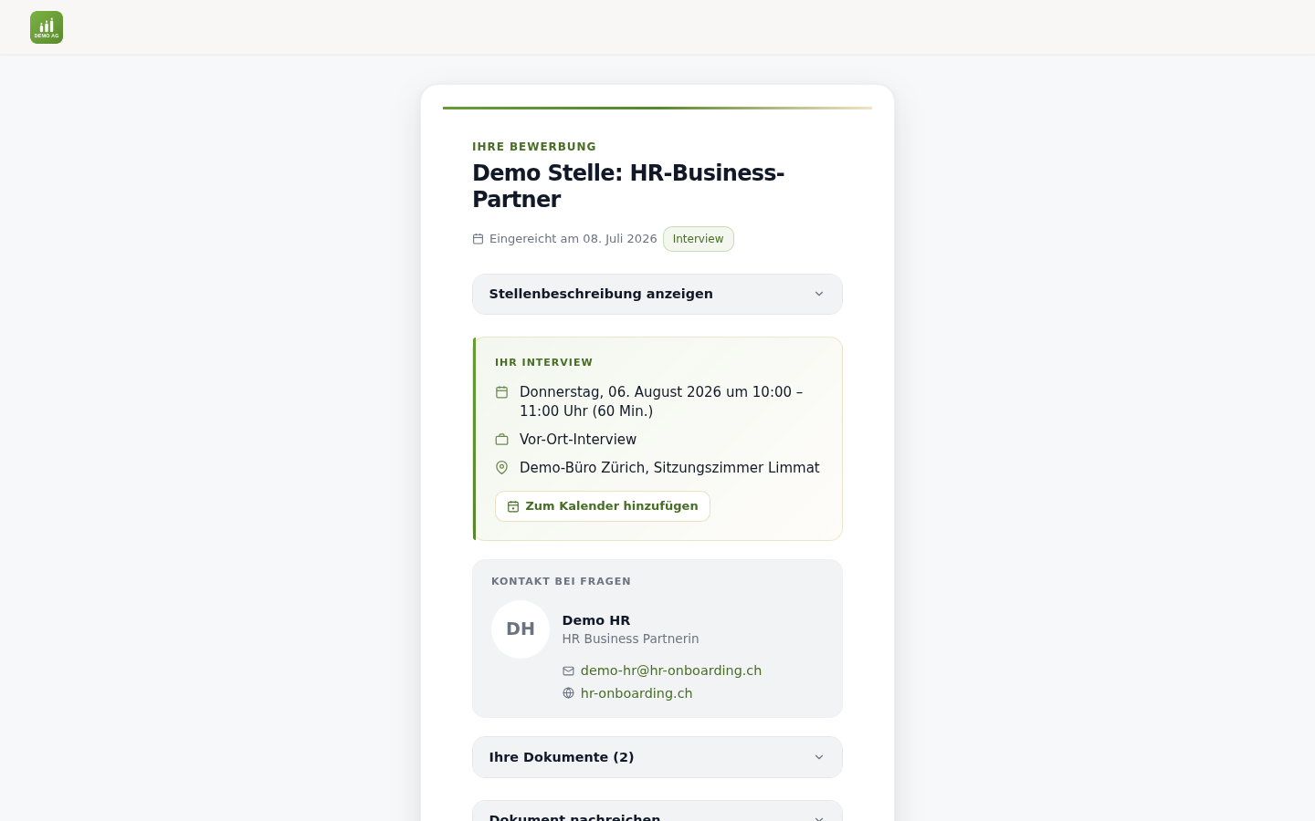 Status-Portal aus Sicht der Bewerbenden mit Interview-Termin und Dokumenten