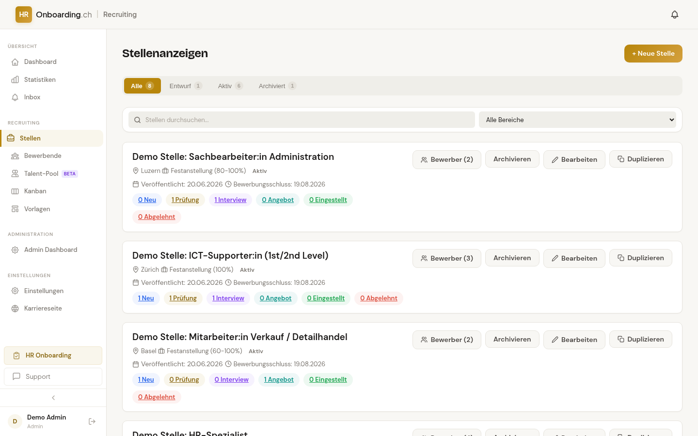 Stellenübersicht mit Multiposting-Status und Bewerberzahlen